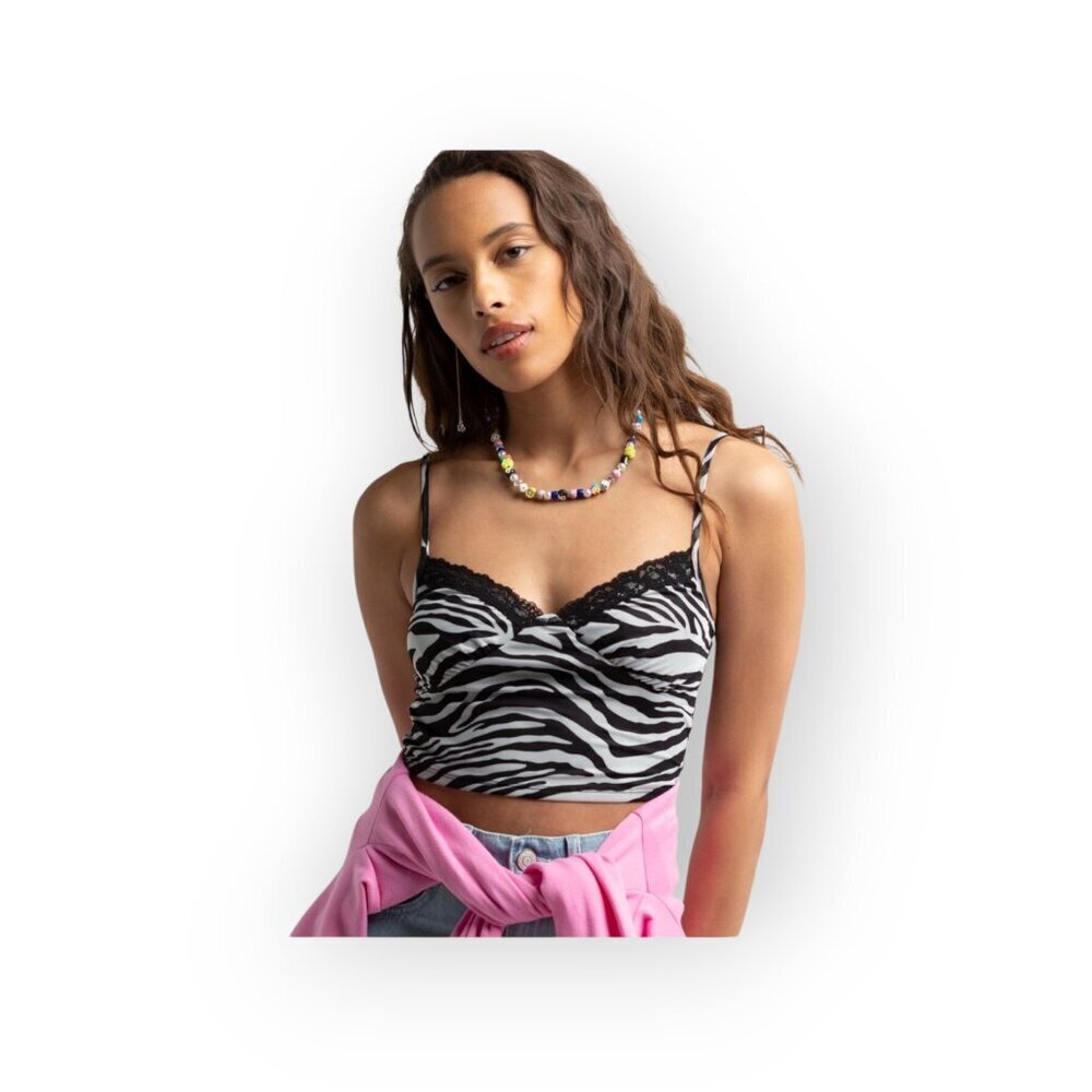 Y2K Zebra Mesh Tank Top Full Tilt Black White Stretch Semi Sheer Sleeveless M